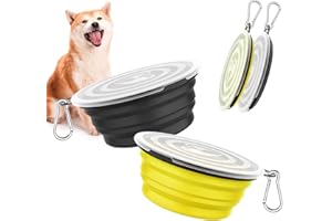 Pawaboo Collapsible Dog Bowls 2 Pack, Silicone Feeding Watering Bowls with Lids & Carabiners for Dogs Cats, Portable Water Feeder Food Bowl for Walking Traveling Home Use, Yellow + Black