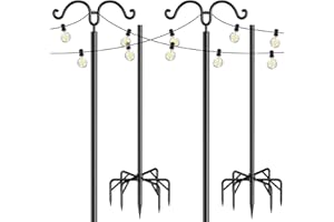 OPTIMECH Outdoor String Light Pole 2 Pack, 7-Prong Backyard Steel Patio Light Poles with 2 Optional Hooks and Fence Brackets for Deck Garden Holiday Wedding