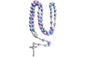 RNIVIDA Catholic Multicolor Beads Rosary, Handmade Imitation Rainbow Pearl Beads Rosary Necklace, Rosaries with Metal Crucifix Catholic Gift