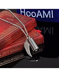 HooAMI Angel Wing Charm & Cylinder Memorial Urn Necklace Stainless Steel Cremation Jewelry