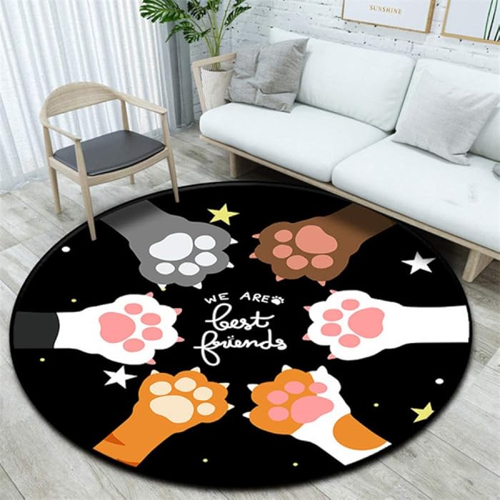 KFEKDT Nordic Cat Paw Pattern Rug Bedroom Area Rug Kids Playing Games Crawling Cushion Sofa Chair Cushion Living Room Carpet No.1 Diameter 80cm