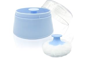 AURASIN BPA Free Baby Powder Puff Box, Large 2.8" Fluffy Body After-Bath Powder Case, Baby Care Face/Body Villus Powder Puff Container, Makeup Cosmetic Talcum Powder Container with Hand Holder (Blue)