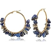 QLYOVWE Handmade Crystals Earrings for Women 14K Gold-Plated Wire Wrapped Healing Tumbled Stone Eardrop Earrings Boho Natural Raw Amethyst Earrings Healing Crystals Earrings