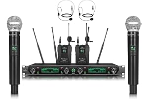 MicrocQueen UHF Wireless Microphone System,with 2 Handheld Mics and 2 Lavalier Bodypacks, Metal Build, Fixed Frequency, Long 
