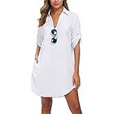 MANAIXUAN Shirt Dresses for Women 3/4 Sleeve V Neck Oversized Button Down Boyfriend Casual Tunic Dress