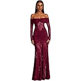 Richlylian Women's Off Shoulder Maxi Lace Prom Dress Elegant Long Sleeve Ruched Formal Cocktail Party Maxi Everning Dress