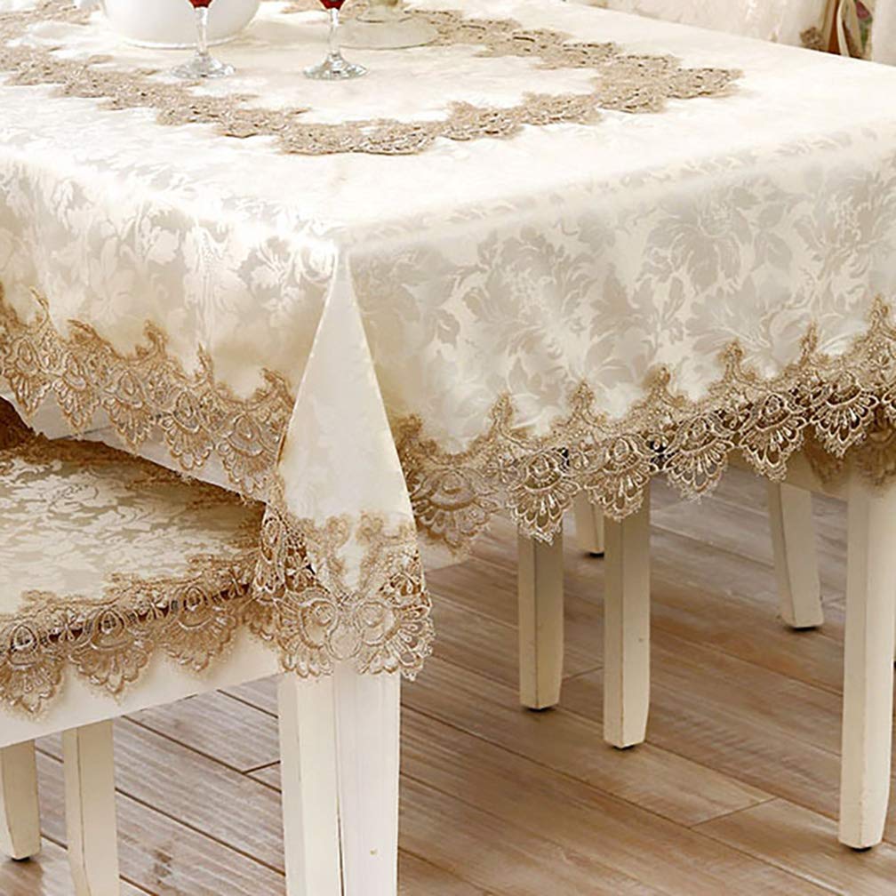 FuHouse 130x180cm Embroidered Ivory Floral Table Cover Cloth with Lace Decor for Home Decor/Housewarming Gift/Christmas/Party/Wedding Decor