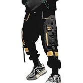 Ambcol Mens Joggers Cargo Pants Streetwear Fashion Hip Hop Sports Casual Active Athletics Cool Pants for Men Black-Yellow Large