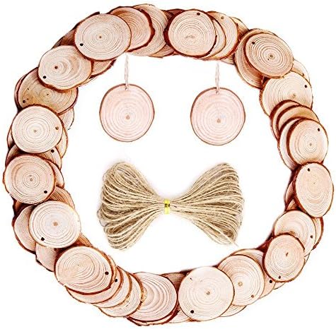 Fuhaieec 50pcs 2.0-2.4" Natural Wood Slices Unfinished Predrilled Round Discs Tree Bark Wooden Circles with 33 Feet Natrual Jute Twine for Christmas Ornaments and Home Hanging Decorations (50pcs)