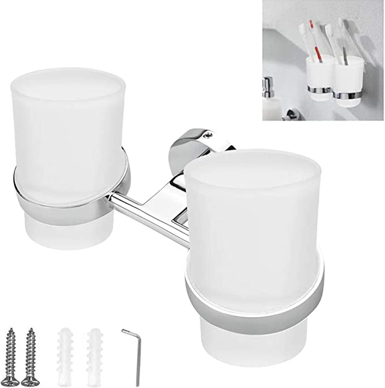 Frosted Glass Toothbrush Holder, Wall Mounted Double Tumbler Holder