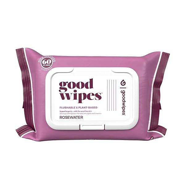 GOODWIPES FLUSHABLE BUTT WIPES MADE WITH VITAMIN E & ALOE – SOFT & GENTLE WET WIPE DISPENSER FOR HOME USE, SEPTIC & SEWER SAFE – LARGEST ADULT TOILET WIPES – ROSEWATER, 60 COUNT