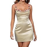 Women's Satin Spaghetti Strap Slip Mini Dress Floral Sleeveless Formal Wedding Guest Club Evening Sexy Short Dresses