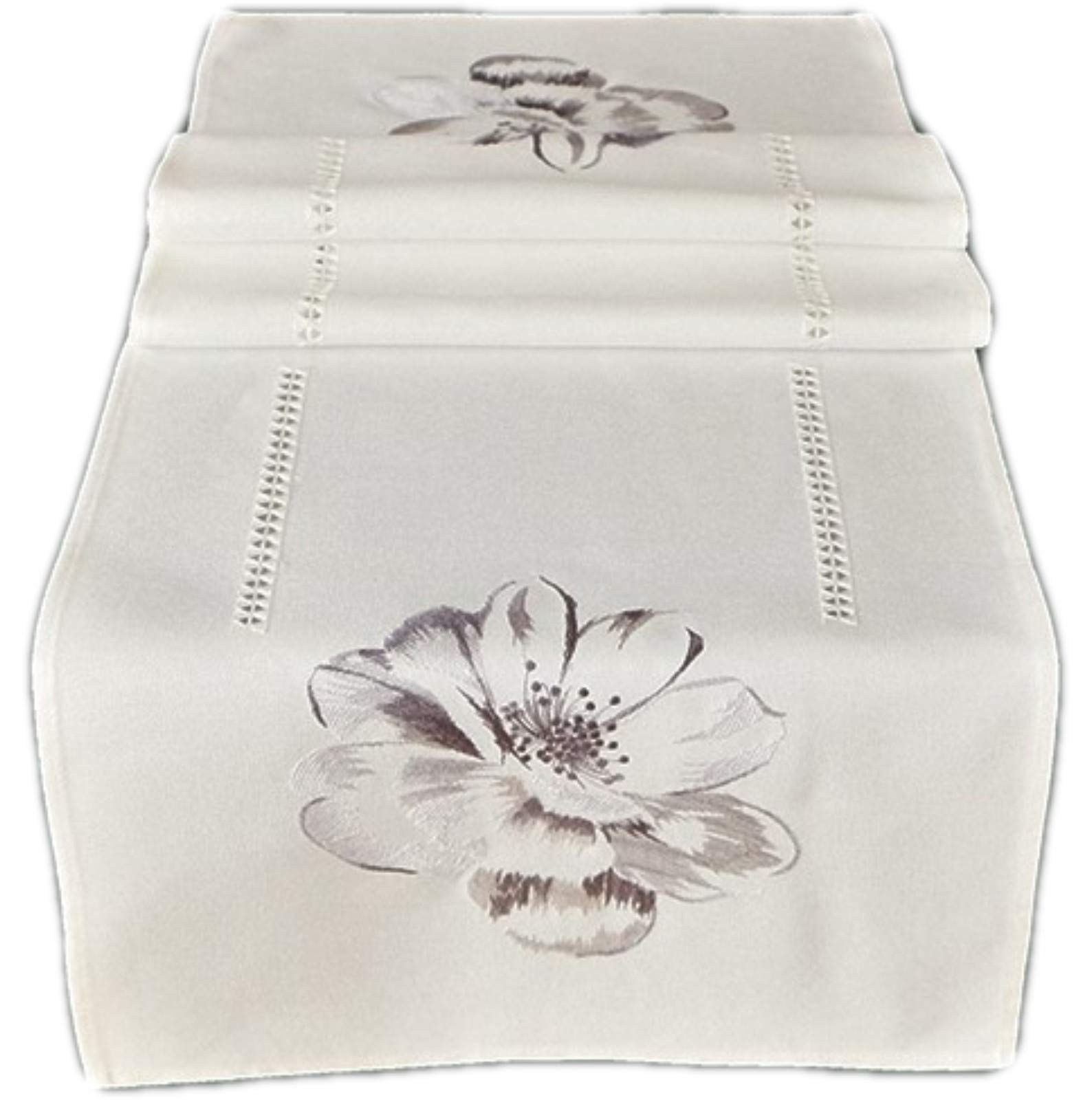 Raebel Tablecloth, Table Runner, Table Cloth, Runner, Hollow Hem, White, Grey, Blossom, 3D Embroidery, 100% Polyester (40 x 140 cm Table Runner)