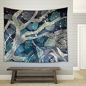 Mystical Tree Turquoise and Violet, Hot Batik Background Texture, Handmade on Silk - Fabric Wall Tapestry Home Decor - 51x60 inches