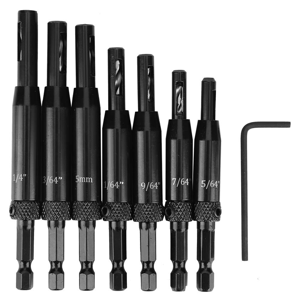 Self Centering Drill Bit, 7pcs Hinge Drill Bit Set Self Centering Hinge Drill Bits Set for Door Window Cabinet Woodworking Hex Shank (5/64"-1/4") Black