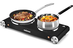 CUSIMAX Hot Plates for Countertop 1800W with 7 Power Levels Adjustable Temp Control,Dual Burners for Cooking for All Cookwares,Cast Iron Stove,Black Stainless Steel Panel,Easy to Clean