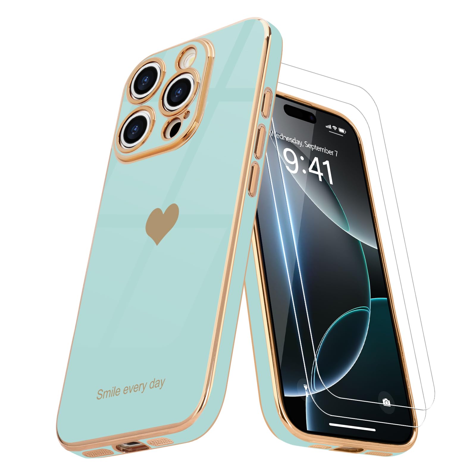 Teageo Compatible with iPhone 16 Pro Max Case for Girl Women Cute Love-Heart Luxury Bling Soft Cover Raised Camera Protection Bumper Silicone Shockproof Phone Case for iPhone 16 Pro Max, Pearl Aqua