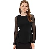Allegra K Peplum Blouse for Women's Mesh Sheer Long Sleeve Round Neck Belted Work Top