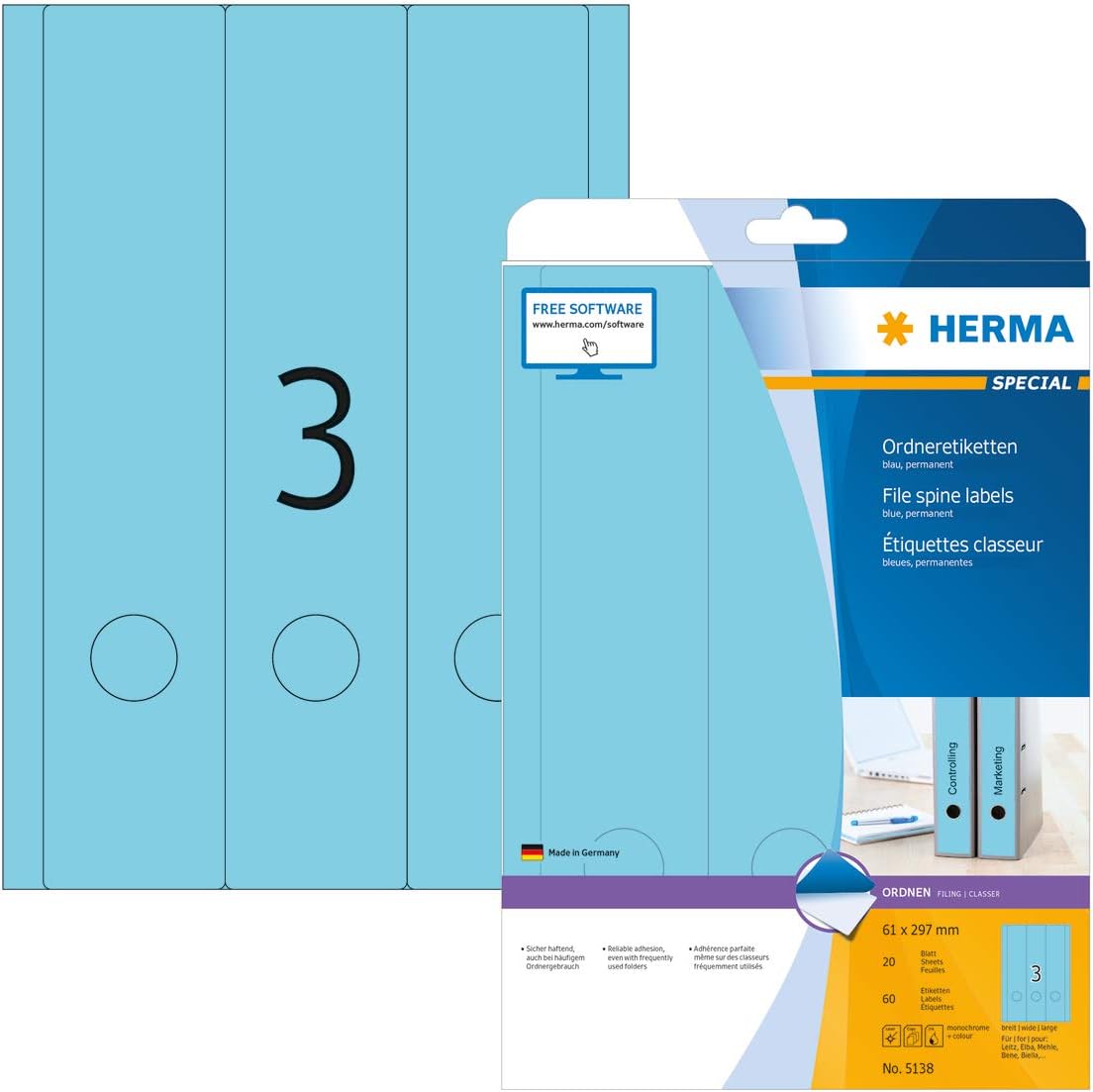 HERMA Self Adhesive Spine Labels, 3 Labels per A4 Sheet, 20 Sheets, 61 x 297 mm, 60 Labels