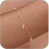 SUYACS 925 Sterling Silver Star Moon Cross Bracelets for Women Dainty 14K Gold Plated CZ Crescent Link Bracelet Christian Religious Friendship Charm Chain Jewelry Birthday Gifts to Daughter
