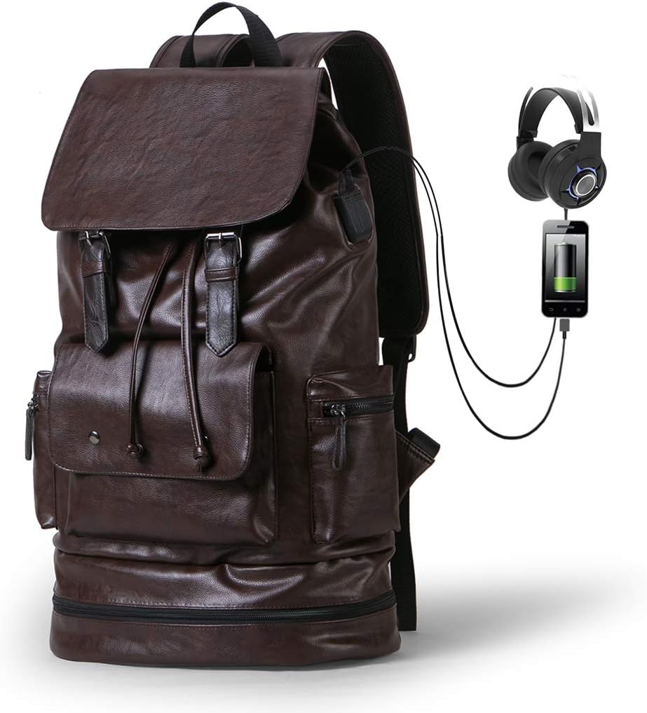 Backpack for Men with USB Laptop with Shoe Leather Travel Daypacks (brown)