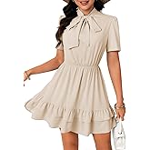 LYANER Women's Elegant Bow Tie Neck Short Sleeve Ruffle A-Line Swing Flowy Mini Dress