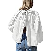Tankaneo Womens Babydoll Tops Puff Long Sleeve Open Back Bow Tie Blouses Bubble Mock Neck Pleated Shirts