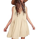 HOTIAN Womens Summer Sleeveless Mini Dress V Neck Casual Loose Babydoll Pleated Swing Flowy Sundress with Pockets Beige