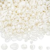 SUNNYCLUE 1 Box 400Pcs Shell Pearl Beads White Seashell Beads Cute Bulk Beige ABS Plastic Imitation Pearls Large Seashells Ocean Sea Bead for Jewelry Making DIY Crafting Bracelets Necklaces Gift