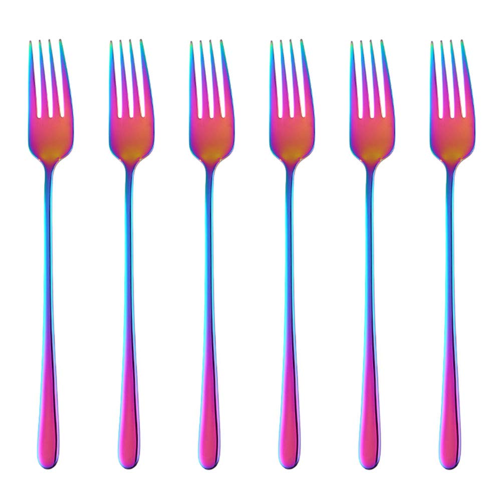 BISDARUN Stainless Steel Dinner Forks Pack of 6 Rainbow Colored Forks Long Handle 21.3 cm(8.4 inches) Korean Cutlery Iridescent Forks Set for Steak Meat