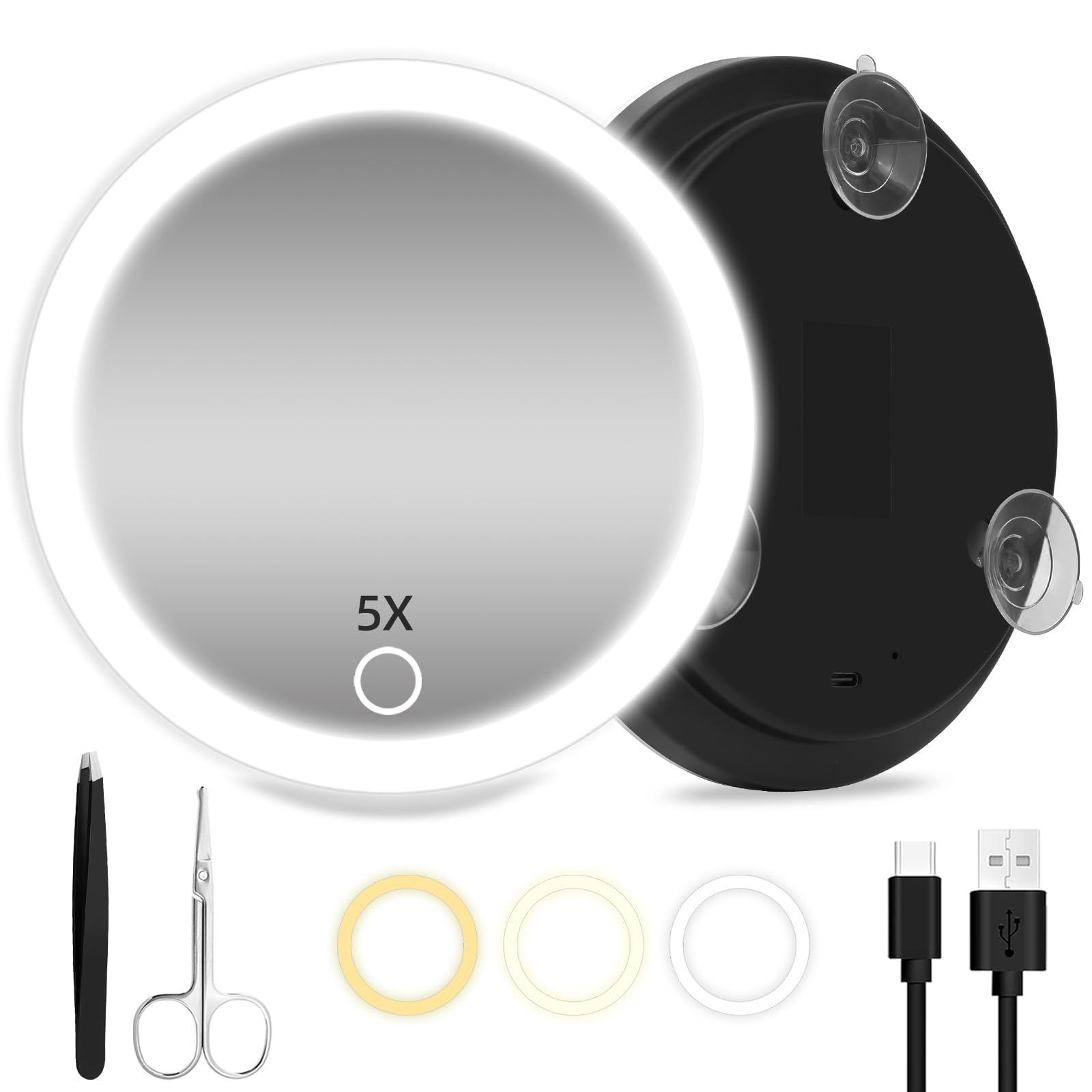 Photo 1 of 5X Magnifying Mirror with Lights, 6inch Makeup Magnifying Mirror with 3 Suction Cups, 5X Lighted Travel Magnification Mirror Large 5x Magnified Mirror with Lights, Portable 5X Travel Magnifying Mirror