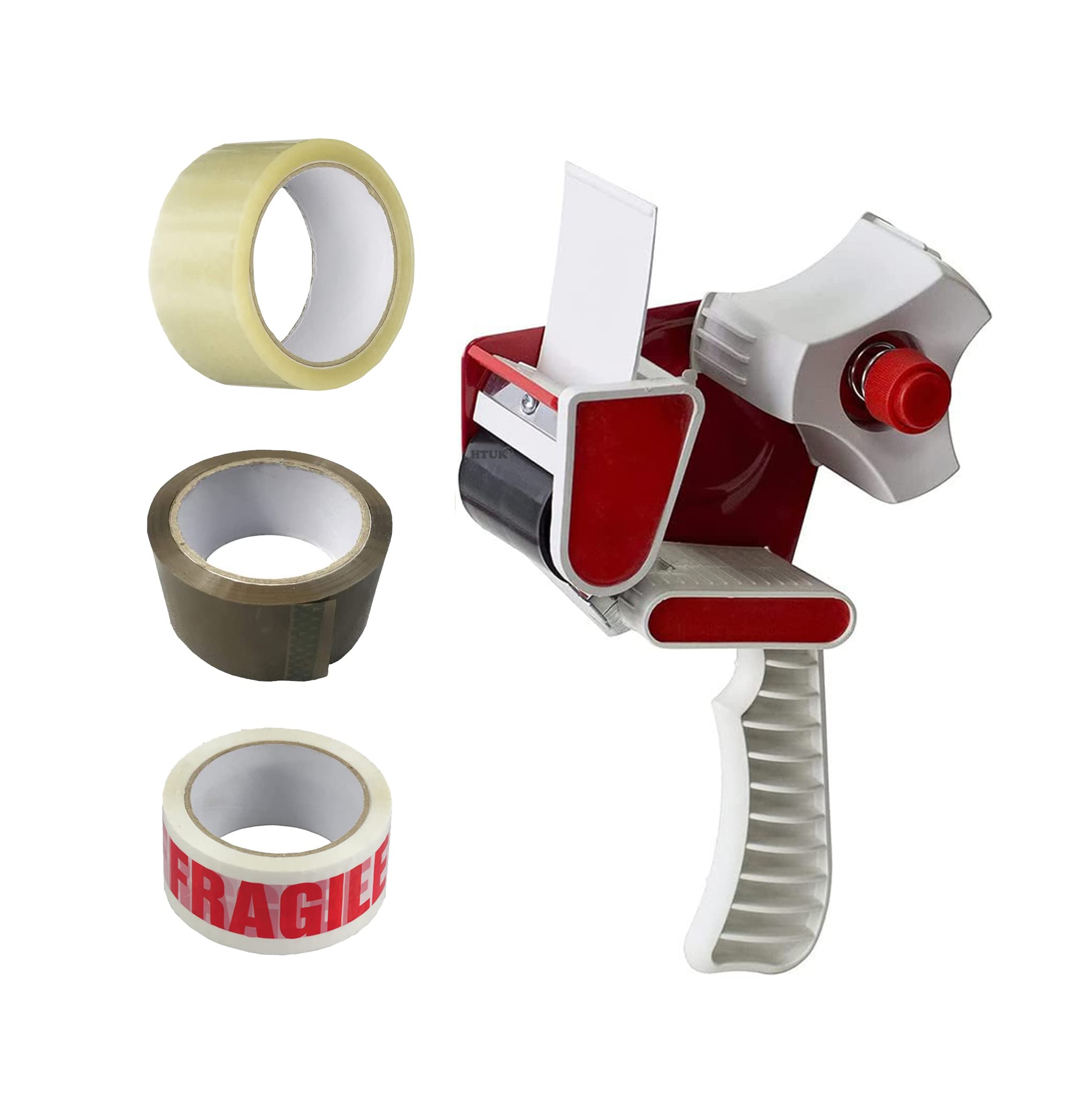 Tape with Dispenser Heavy Duty Packaging Tape Gun Dispenser with Bundle of Packaging Tape Rolls Clear Brown and Fragile 48MM x 66M Regular Use Or Moving HTUK (Tape Gun Dispenser + 3 Mix Tape Rolls)