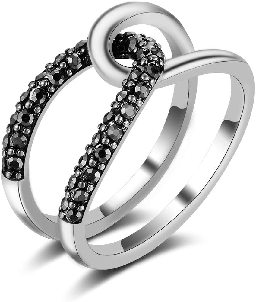 Mytys Vintage Fashion Silver Rings Retro Black Marcasite Cocktail