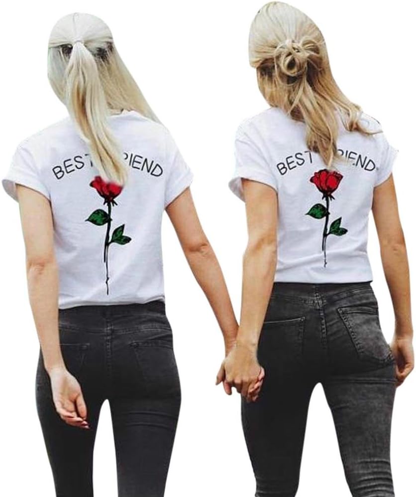 Gyouandme Women T-Shirt Short Tank Tops Best Friend Letters Rose Printed T Shirts Causal Blouses Tops