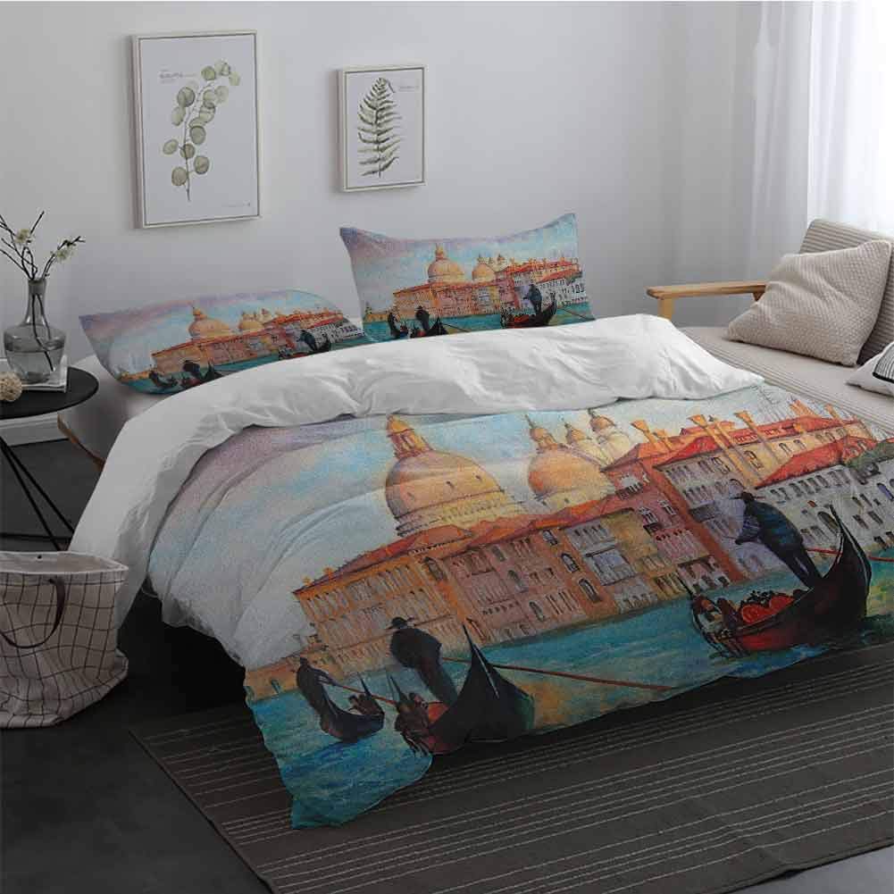 Sheet Set Microfiber Bedding Venice Watercolor Painting of Venice Serene Cityscape Antique Gondolas Scenic 3 Piece(1 Duvet Cover+2 Pillowcases) Peach Pale Blue Red King