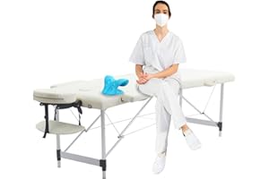 VIRRMO Portable Massage Table, 84 Inch Massage Bed with Neck Stretcher Adjustable Lash Bed Massage Bed Tattoo Table for Eyelash Extensions Beauty Spa Tattoo (Aluminum, Cream)