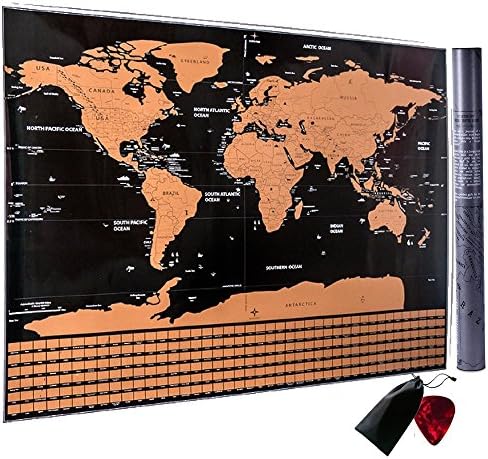 Scratch Off World Travel Map Poster With Outlined U.S. States- Bonus Guitar Pick Scratch Tool, Pick Storage Pouch. Re-live Your Memories!
