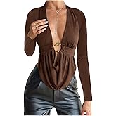 SOLY HUX Women's Deep V Neck T Shirt Long Sleeve Metal Decor Draped Front Ruched Asymmetrical Tops