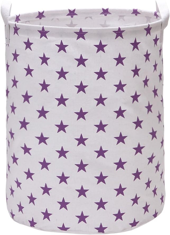 VuHom Large Laundry Hamper (Available 17.7" and 13.7"), Drawstring Waterproof Round Cotton Linen Collapsible Storage Basket Star Deisgn (Purple Star)