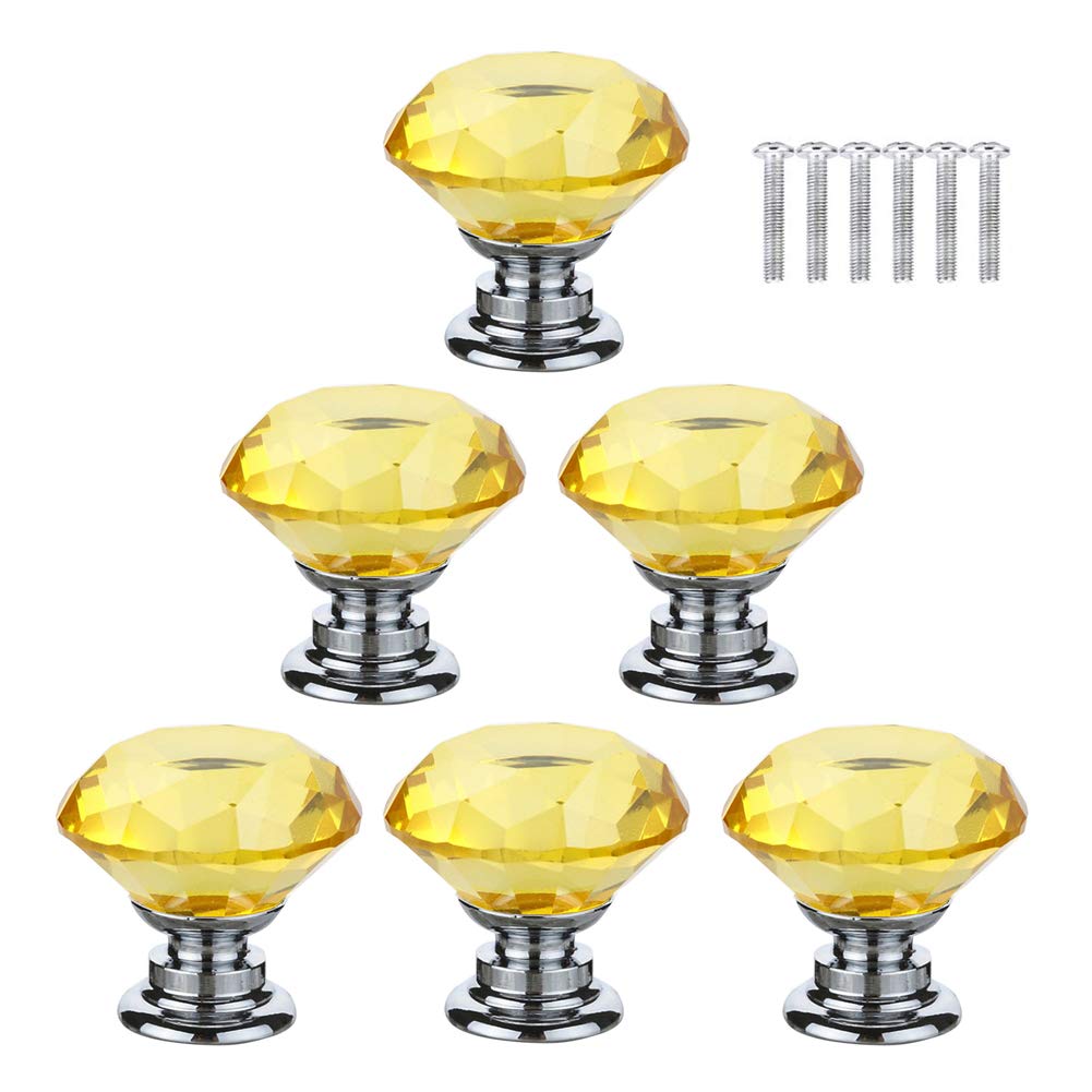 BOZONLI 6pcs 30mm Yellow Crystals Glass Drawer Knobs Cupboard Knobs Door Knobs Cabinet Handle Drawer Pull Handle with Screw