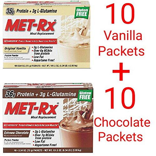 MET-Rx Original Meal Replacement Variety Sampler Pack, Includes Extreme Chocolate, Original Vanilla, (20)