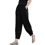 IXIMO Women's 100% Linen Pants Relax Fit Lantern Cropped TaperedPants Trousers with Elastic Waist