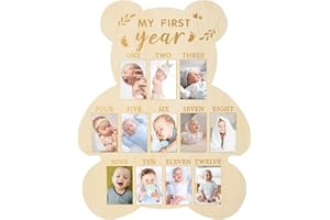 FLHRSM My First Year Photo Frame Board, 1st Birthday Girl Boy Gifts, Newborn Newmom Gift, 1 Year Old Girls Gifts, One Year Birthday Party Decorations, Baby Shower Baptism Favors, 12 Months Milestone