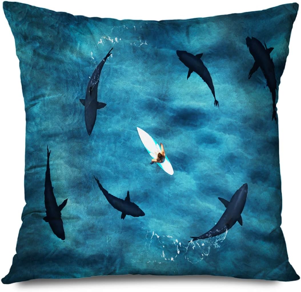 Onete PillowCover Square Blue Reverent Rendering Extreme Surfer Surrounded Ferocious Six Sharks Water Design Season from Throw Cushion Pillow Case Home Decor Zippered Pillowcase 20" x 20"