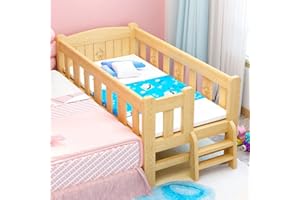 LITFAD Solid Wood High Kids Bed Natural Slat Bed with Detachable Guardrails Boy Single Bed Girl Princess Bed - 4 Guardrails Children's Bed with Mattress 28" W x 59" L