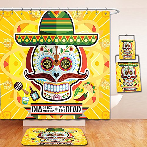 Nalahome Bath Suit: Showercurtain Bathrug Bathtowel Handtowel Day Of The Dead Decor Mexican Sugar Skull with Tacos and Chili Pepper November 2nd Colorful Art Yellow