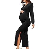 Women's Maternity Dress Long Sleeve Bodycon Split Maxi Dresses for Baby Shower 2025 Spring Pregnancy Clothes
