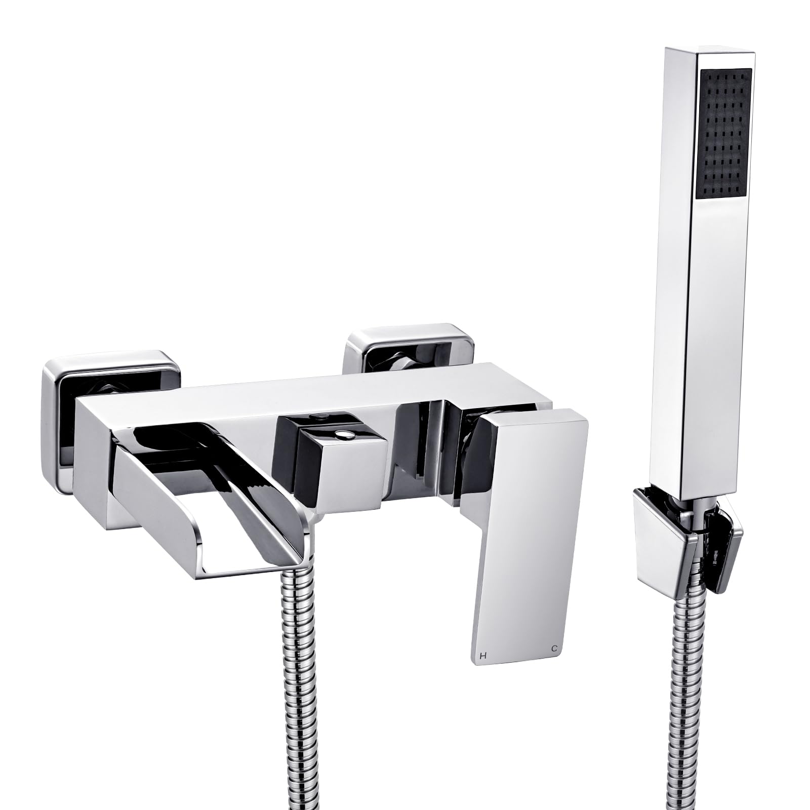 [Wall Mounted] Hapilife Bath Filler Waterfall Mixer Tap Bathroom Taps Mixers Square Bath Taps with Handheld Shower Head Chrome Tub Tap Wall Hung Single Lever