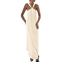 Faymlc Women Halter Neck Pleated Maxi Dress Sleeveless Backless Smocked Long  Dress Open Back Flowy Sundress Vacation Dresses (Apricot, S) at Amazon  Women's Clothing store