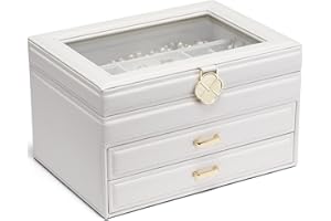 Vlando Jewelry Box for Girls Women, Glass Lid Jewelry Organizer with 2 Drawers for Valentines Day Gifts, Large 3 Layer Jewelr